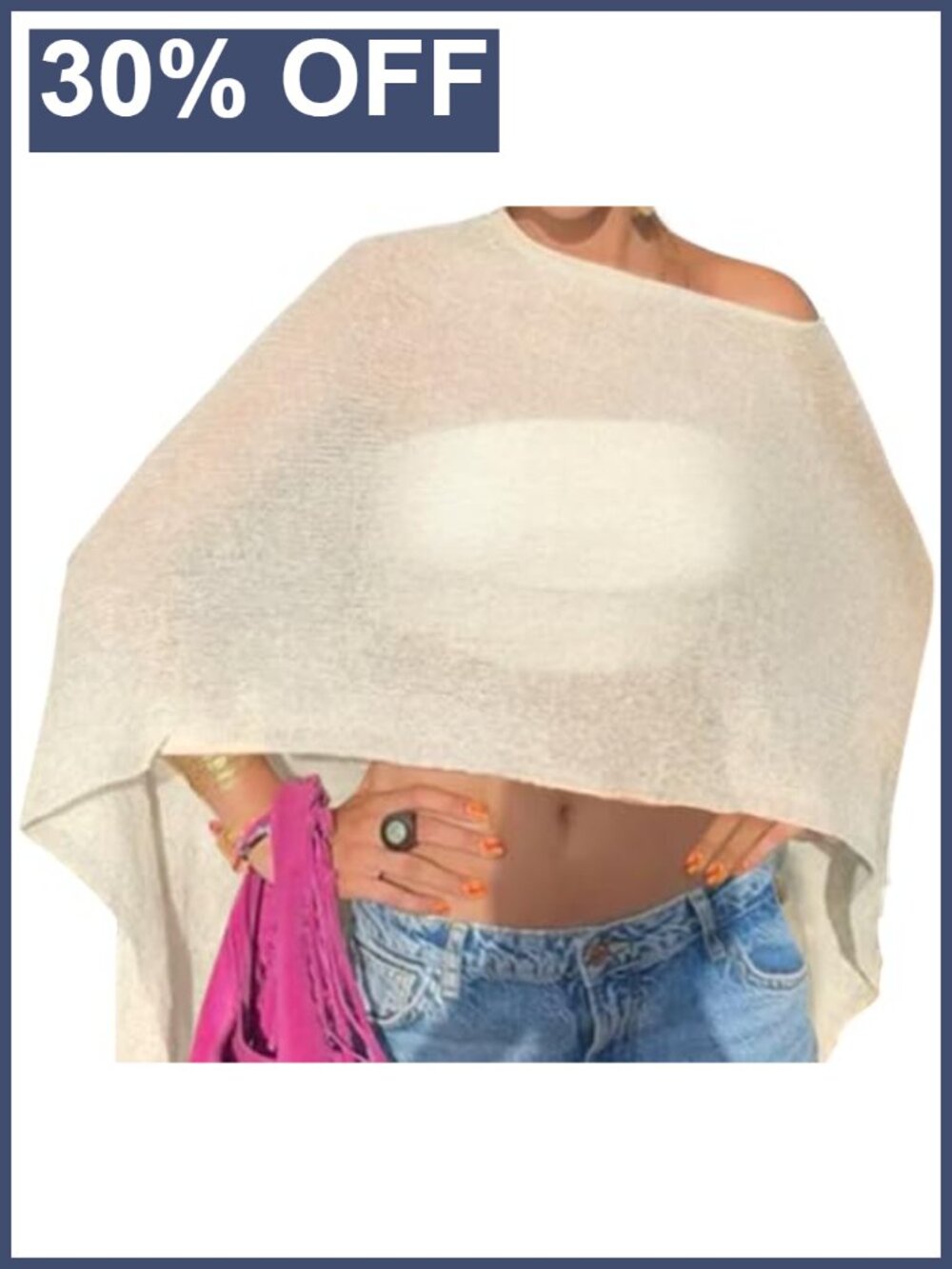 Sheer Crochet Knit Off Shoulder Poncho Top Beach Cover Up